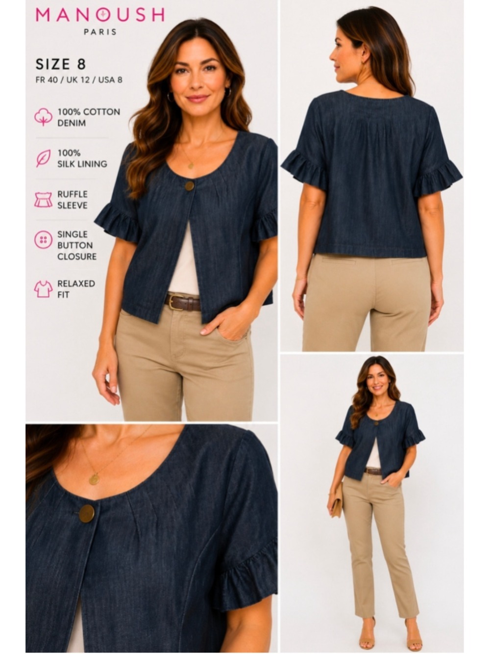 Manoush Paris Designer Denim Ruffle Short Sleeve Cropped Jacket Size 8